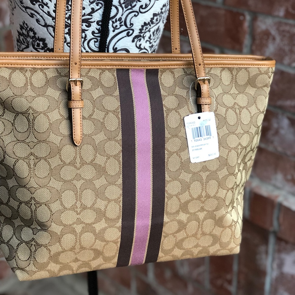 Coach center stripe signature tote bag dark khaki - Picture 4 of 8